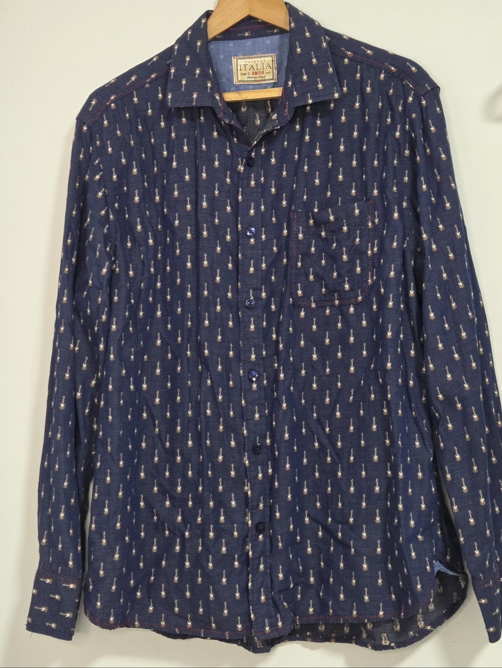 Vintage Italia C 1958 Preserved Stock $98 Blue Button Up Guitar Shirt Mens XL